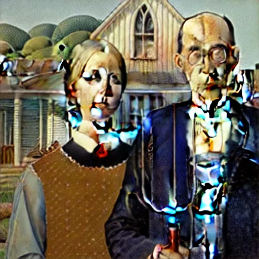 Prompt: american gothic painting with nicolas cage