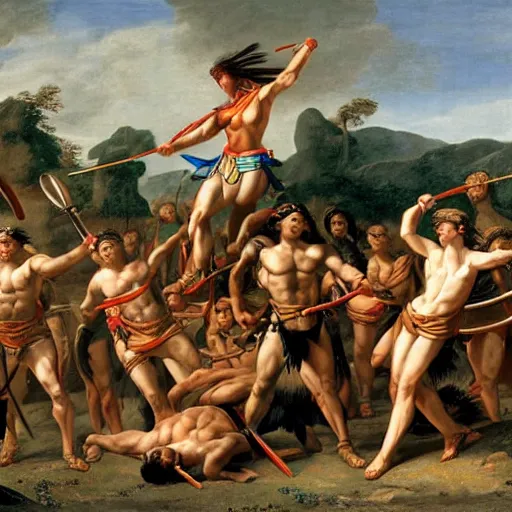 Image similar to muscular warrior women, amazonian warrior women, women fighting men, muscular men, spartan warrior men, clashing in bloody field, art by jacques - louis david