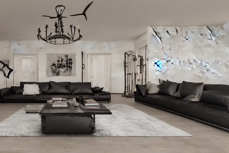Prompt: rich man's house, leather sofa, chandelir, hunting trophies, octane render, darkslategray wall, ultra details, interior design, 8 k