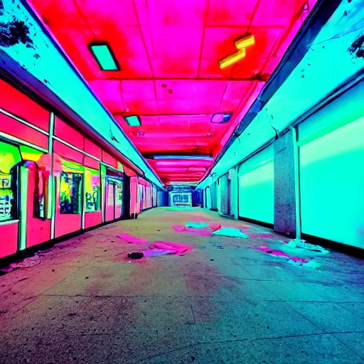 Image similar to high contrast photo of abandoned mall with bright pink and turquoise neon lights, wide angle lens