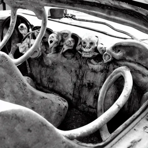 Prompt: car made out of flesh and bones, gorey, awful, cinematic, pretty