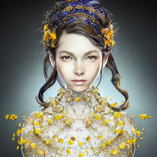 Image similar to the portrait of an absurdly beautiful, graceful, elegant, sophisticated, young girl made up of lemons, an ultrafine hyperdetailed illustration by kim jung gi, irakli nadar, intricate linework, bright colors, octopath traveler, final fantasy, unreal engine 5 highly rendered, global illumination, radiant light, detailed and intricate environment