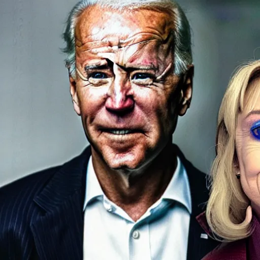 Image similar to joe biden as a junkie crackhead in a crack house with black eyes and crying hilary clinton and bill cosby as her pimp, hyperrealism photo - realistic photography volumetric lighting enchantingly beautiful photography