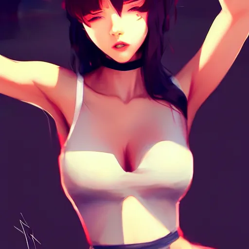 Image similar to a beautiful model in crop top, by guweiz and wlop and ilya kuvshinov and artgerm, symmetrical eyes, aesthetic, gorgeous, stunning, alluring, attractive, artstation, deviantart, pinterest, digital art