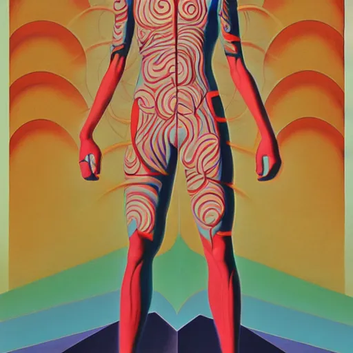 Image similar to vitruvian ultraman by james jean and shusei nagaoka, magritte painting