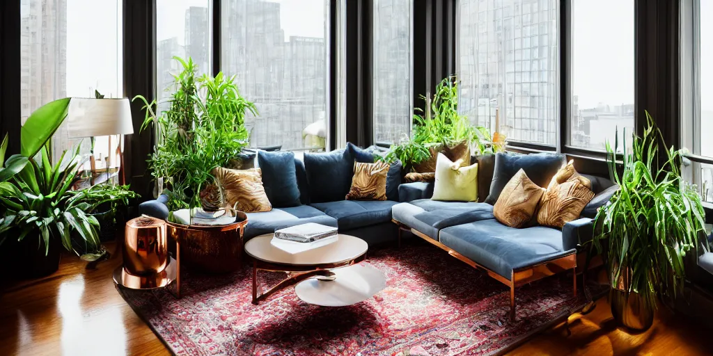 Prompt: wide angle photograph, atmospheric, realistic lighting, light bloom sunlight, nature outside, reflections, reflective objects, award winning contemporary interior design by nate berkus, living room, city apartment cozy calm, plants, fabrics textiles, colorful accents, brass copper, many light sources, lamps, hardwood floors, book shelf small library, couch desk, balcony