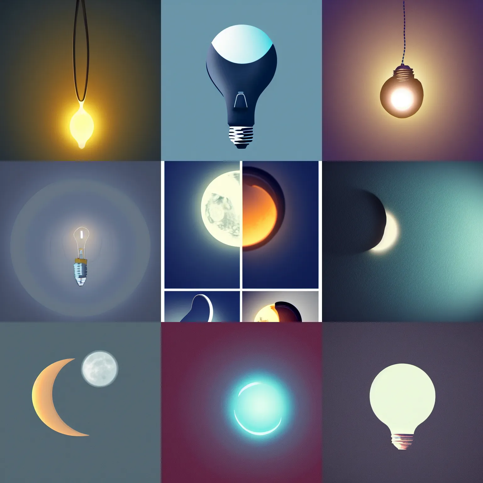 Prompt: a glowing crescent moon within a lightbulb, dark blue background, midnight, trending on Artstation