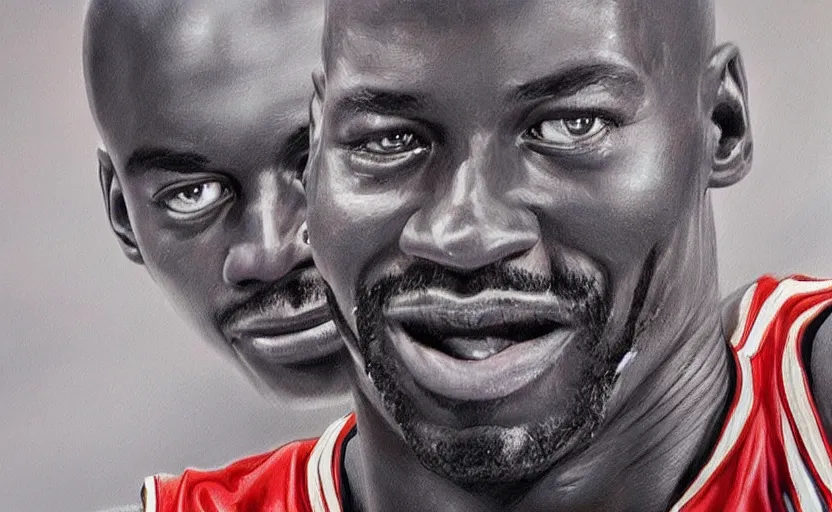 Prompt: beautiful portrait of Michael Jordan at a basketball stadium, NBA Finals, oil painting of Michael Jordan, masterpiece, highly detailed and ultra realistic, trending on artstation; portrait of Michael Jordan