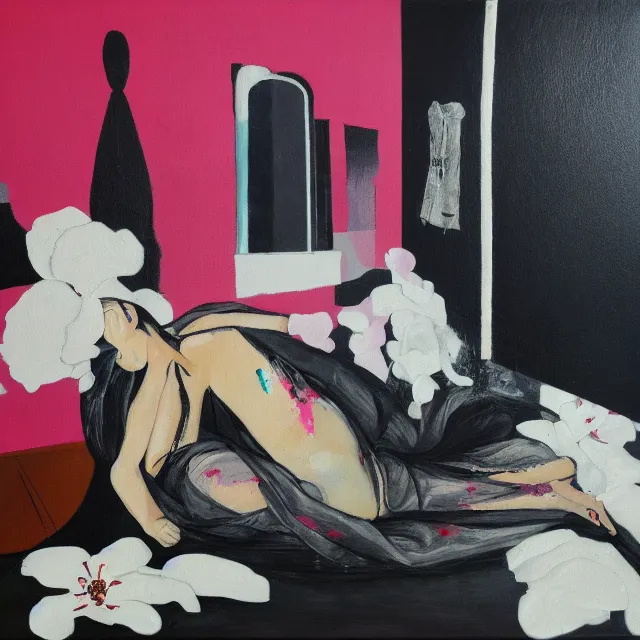 Prompt: empty room with black walls, sensual portrait of a woman sleeping, japanese vase, white flowers, puddle of water, octopus, squashed berries, neo - expressionism, surrealism, acrylic and spray paint and oilstick on canvas