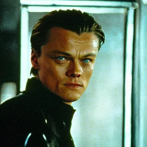 Image similar to film still of leonardo di caprio as t - 1 0 0 0 walking through bars in prison scene in terminator 2 1 9 9 1