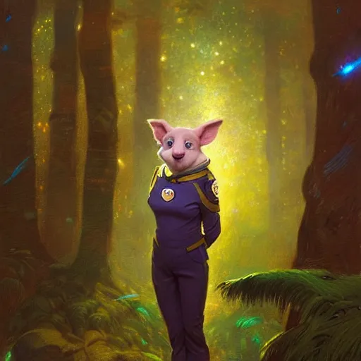 Image similar to a female pig canine in starfleet uniform at night in a dark forest. zootopia fursona furaffinity furry art detailed face painting by gaston bussiere craig mullins jc leyendecker gustav klimt artgerm greg rutkowski furry