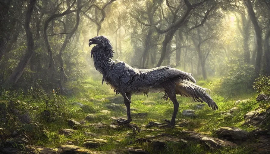 Image similar to A beautiful detailed painting of a griffin in a magical forest, ray traced sun light, by john sargent and Kalin Popov , Trending on artstation HD.