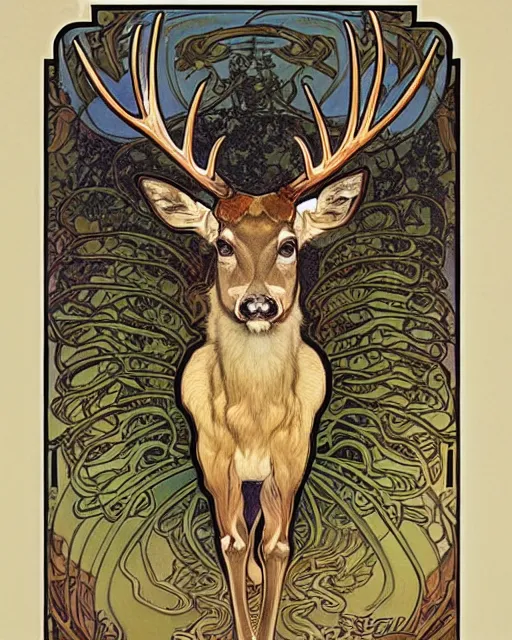 Image similar to an art nouveau painting of a deer with antlers, highly detailed, intricate, artstation, by alphonse mucha and james gurney