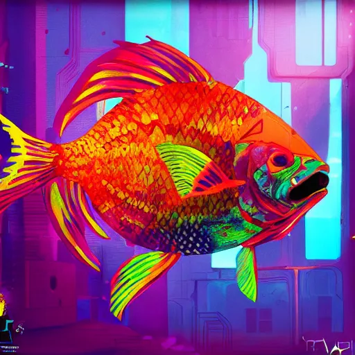 Prompt: fish pinata inside out, vivid color, highly detailed, cyberpunk, digital painting, artstation, concept art, matte, sharp focus