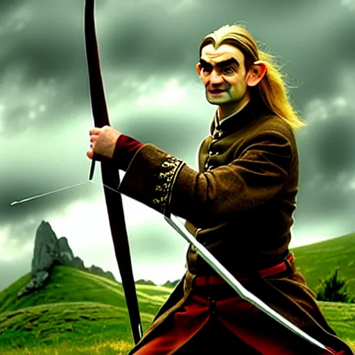 Prompt: mr. bean as legolas from lord of the rings. movie still. cinematic lighting.