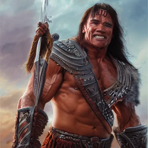 Image similar to Conan the Barbarian played by Arnold Schwarzenegger, 4k oil on linen by wlop, artgerm, andrei riabovitchev, nuri iyem, james gurney, james jean, greg rutkowski, highly detailed, soft lighting 8k resolution