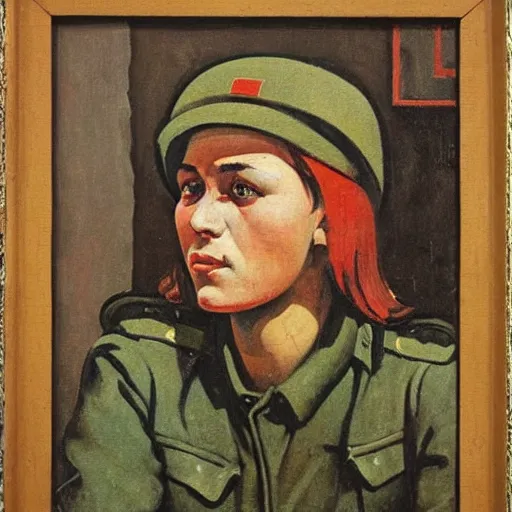 Image similar to soviet painting of female soviet partisan by isaak brodsky, walter womacka, czeslaw znamierowski, vladimir pchelin, kuzma petrov - vodkin, igor berezovsky