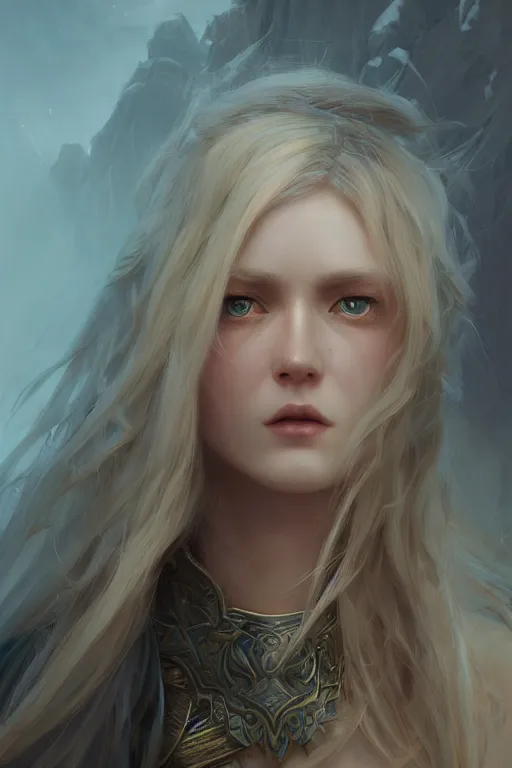 Image similar to ultra detailed beautiful female viking, blond long hair, green eyes, sharp bone structure, extremely detailed digital painting, in the style of fenghua zhong and ruan jia and jeremy lipking and peter mohrbacher, mystical colors, rim light, beautiful lighting, 8 k, stunning scene, raytracing, octane, trending on artstation