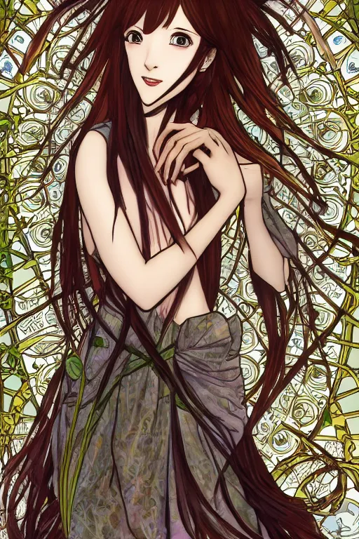 Image similar to Smiling Kurisu Makise tonemapped in the style of Ayami Kojima and Alphonse Mucha