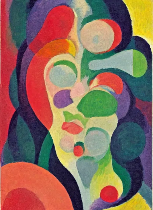 Image similar to an extreme close-up abstract portrait of a lady enshrouded in an impressionist representation of Mother Nature and the meaning of life by Sonia Delaunay and Igor Scherbakov, abstract colorful lake garden at night, thick visible brush strokes, figure painting by Anthony Cudahy and Rae Klein, vintage postcard illustration, minimalist cover art by Mitchell Hooks