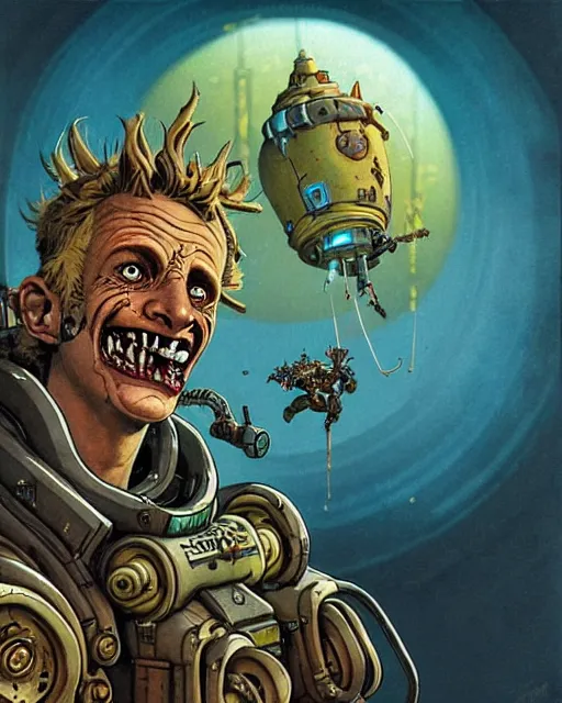 Image similar to junkrat from overwatch, slight smile, character portrait, portrait, close up, concept art, intricate details, highly detailed, vintage sci - fi poster, retro future, in the style of chris foss, rodger dean, moebius, michael whelan, and gustave dore