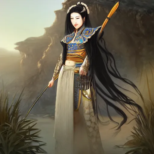 Prompt: ancient chinese dynasty princess, three kingdom, dynasty warriors, standing in an oasis in the desert, elegant, headshot, long black hair, digital painting, smooth, concept art, art by wlop