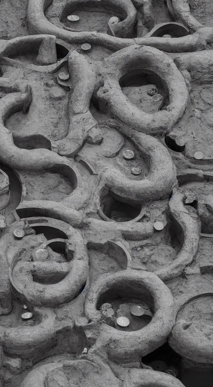 Prompt: a river entering a machine made from clay amphoras and producing a coin of water, architectural photograph , infrastructure, kidneys, aorta, white marble texture , 8k