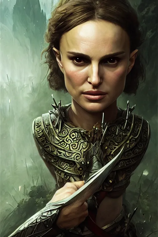 Image similar to natalie portman, legendary warrior, heroic, lord of the rings, tattoos, decorative ornaments, battle armor, by carl spitzweg, ismail inceoglu, vdragan bibin, hans thoma, greg rutkowski, alexandros pyromallis, perfect face, fine details, realistic shading photorealism