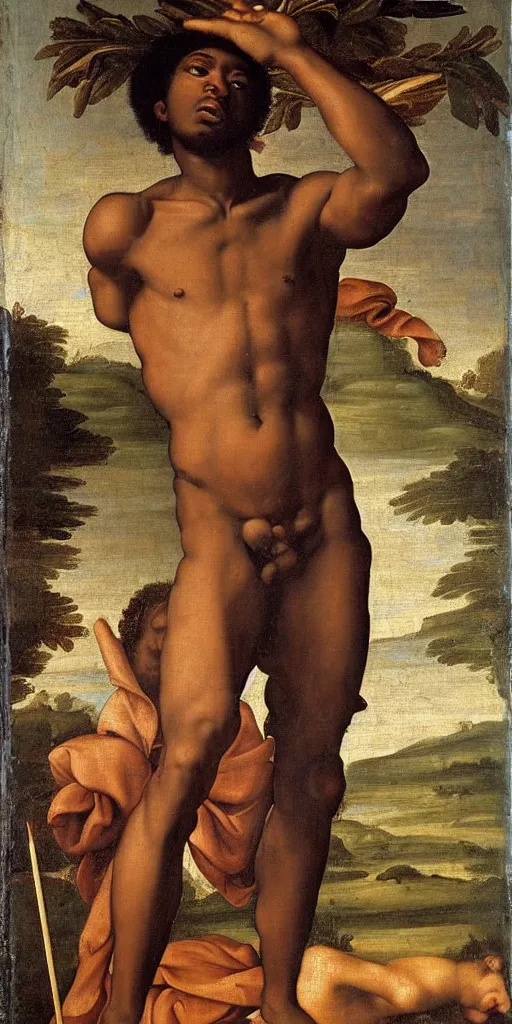 Prompt: Renaissance painting of St. Sebastian as a Black African man with an afro and dark skin, accurate face, detailed face