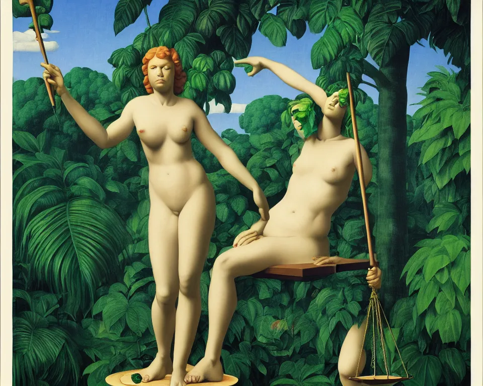 Prompt: an achingly beautiful print of blind lady justice in the tropical rainforest by Raphael, Hopper, and Rene Magritte. detailed, romantic, enchanting, trending on artstation.