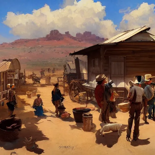 Prompt: greg manchess painting of a wild west town landscape in the year 1 8 5 0, painting, trending on artstation, by huang guangjian and gil elvgren and sachin teng