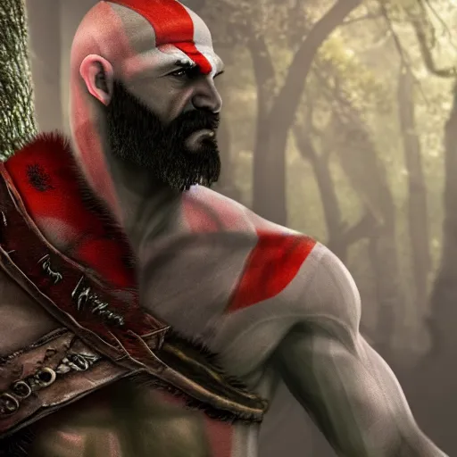 Prompt: kratos from god of war in the fantasy forest, digital art, 8k