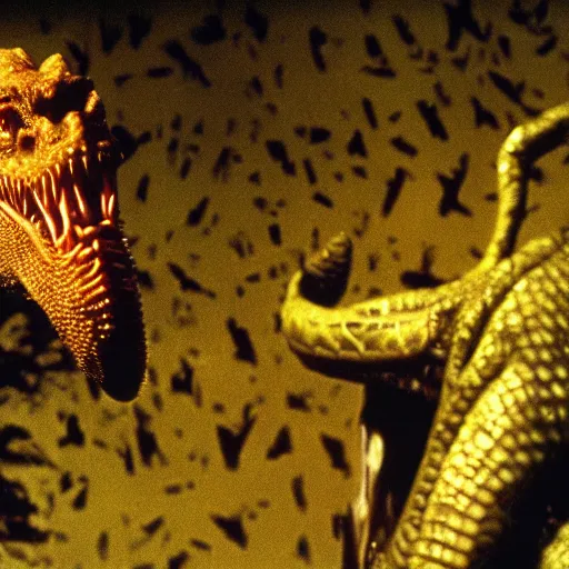 Prompt: movie scene of a draconian humanoid, reptil, reptilian, movie still, cinematic composition, cinematic light, criterion collection, reimagined by industrial light and magic, Movie by David Lynch and Ridley Scott