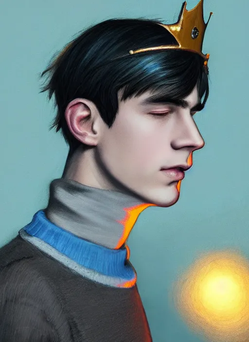 Image similar to portrait of teenage jughead jones wearing a light grey crown, crown, blue turtleneck, 1 9 5 0 s, closed eyes, photorealistic, black hair, glowing lighting, intricate, elegant, glowing lights, highly detailed, digital painting, artstation, concept art, smooth, sharp focus, illustration, art by wlop, mars ravelo and greg rutkowski