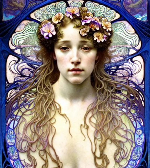 Image similar to beautiful young orchid fairy detailed realistic porcelain face portrait by jean delville, alphonse mucha, iris van herpen and charlie bowater, art forms of nature by ernst haeckel, art nouveau, symbolist, visionary, gothic, neo - gothic, pre - raphaelite, fractal lace, intricate alien botanical biodiversity, surreality, hyperdetailed ultrasharp octane render