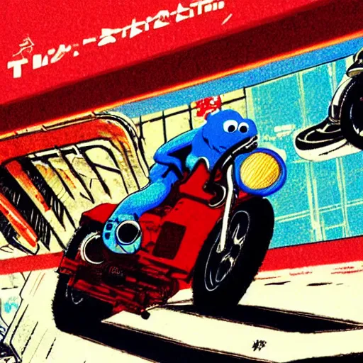 Image similar to illustration of cookie monster riding kaneda's motorcycle from akira by ilya kuvshinov katsuhiro otomo