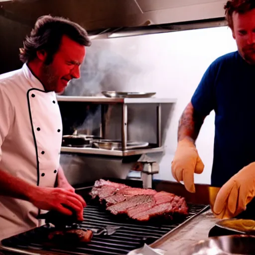 Prompt: rick and porky cooking a brisket, filmic, cinematographic