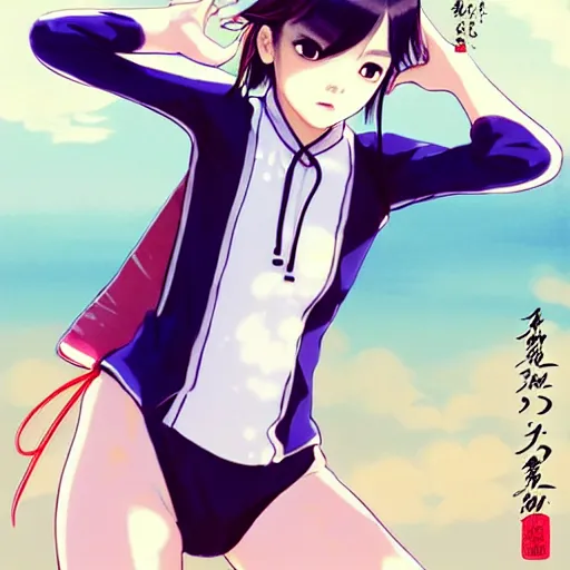 Image similar to a beautiful boyish japanese emma watson alluring instagram model, wearing elegant japanese hiphop leotard outfit with subtle mayan patterns and native fashion, aztec street fashion bathing suit, jrpg fashion, gapmoe yandere grimdark, trending on pixiv fanbox, painted by greg rutkowski makoto shinkai takashi takeuchi studio ghibli, akihiko yoshida