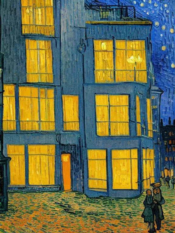 Image similar to van gogh painting of low residential building in russian suburbs, lights are on in the windows, deep night, post - soviet courtyard, cozy atmosphere, light fog, street lamps with orange light, several birches nearby, several elderly people stand at the entrance to the building