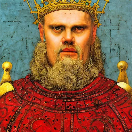 Image similar to portrait of Greg Davies as a medieval Byzantine emperor, by Angus McBride, Gentile Bellini, Piero della Francesca, and Arthur Rackham. HD face portrait.