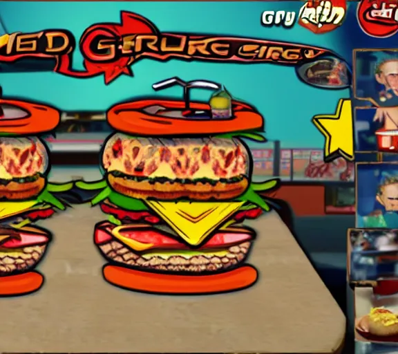 Prompt: screencap of guy fieri ps 2 burger eating minigame, ign screenshot, poor graphics, game ui, hq image