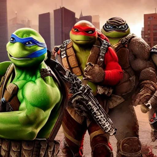 Image similar to a still of from the movie teenage mutant ninja turtles 2 : the secret of the ooze crossover with the game gears of war