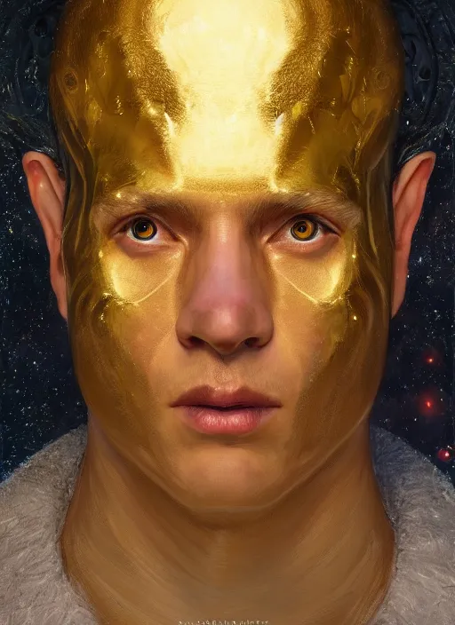 Image similar to masterpiece portrait of a cosmic god wearing tuxedo, au naturel, hyper detailed, digital art, trending in artstation, cinematic lighting, studio quality, smooth render, unreal engine 5 rendered, octane rendered, art style by klimt and nixeu and ian sprigger and wlop and krenz cushart