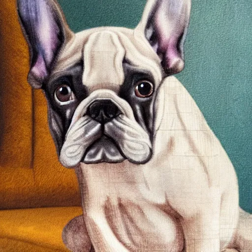 Prompt: french bulldog, sitting on a sofa, warm light, highly detailed,