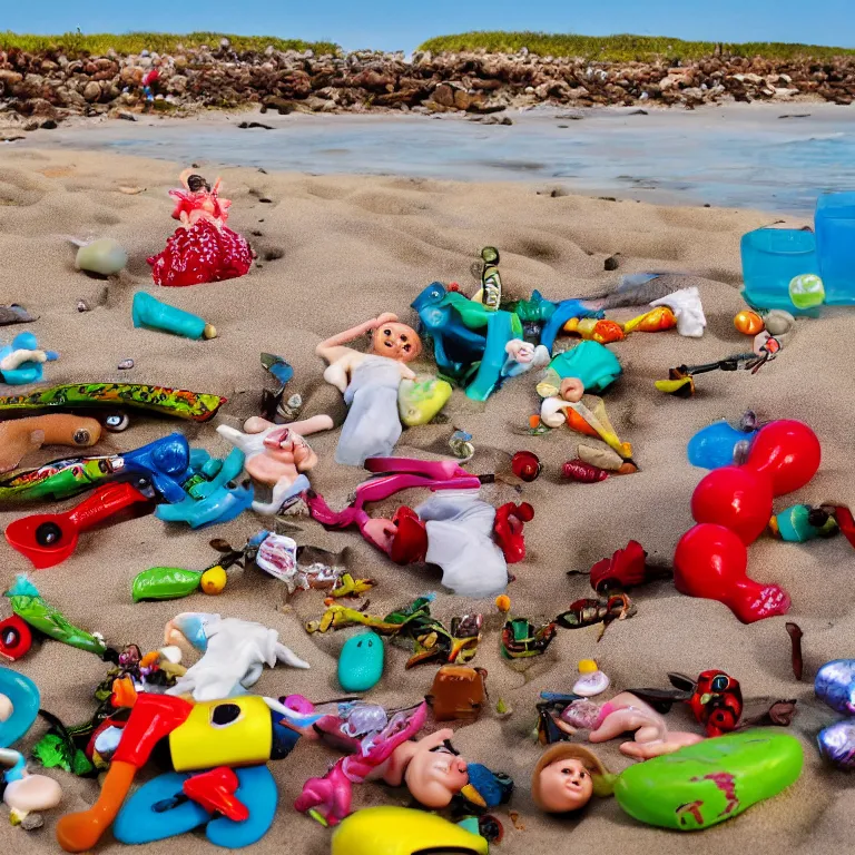 Prompt: surreal hyperrealistic photograph of a beach, toy dolls and parts of toy dolls strewn about, shot toward the ocean