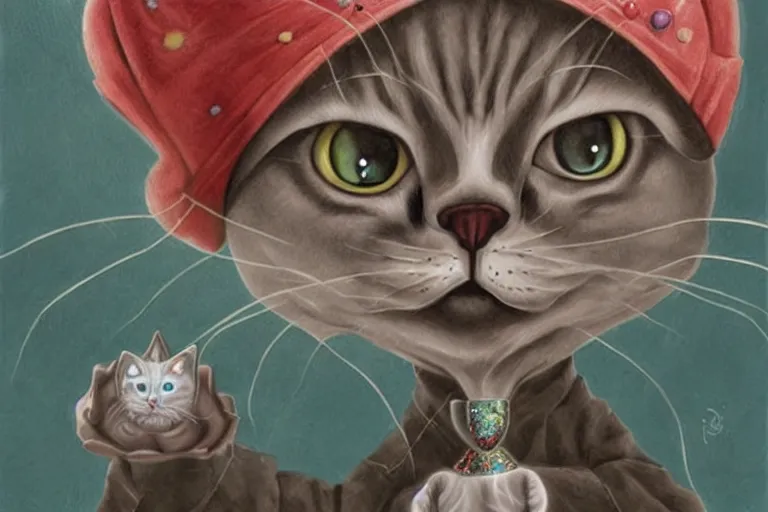 Image similar to old wizard cat painting, 3 d highly detailed, in the style of mark ryden