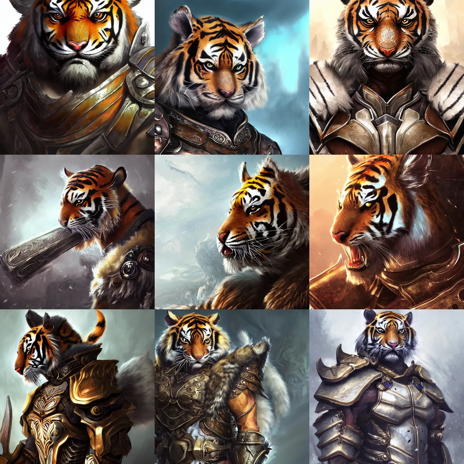 Prompt: realistic detailed semirealism tiger man wearing armor. Tiger_character, FFXIV, iconic character splash art, Detailed fur, detailed metal textures, 4K high resolution quality artstyle professional artists WLOP, Aztodio, Taejune Kim, Guweiz, Pixiv, Instagram, Artstation