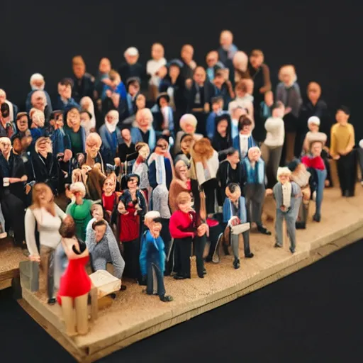 Prompt: A crowd of miniature professional people packed into a box