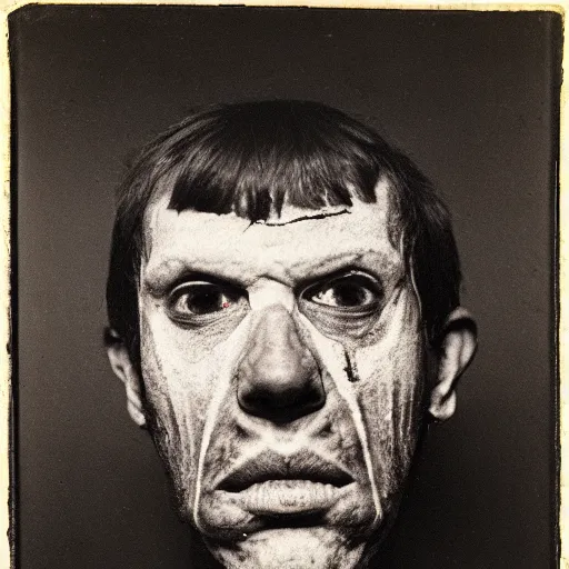 Image similar to photo portrait of ugly brutal face male cultist by Diane Arbus and Louis Daguerre