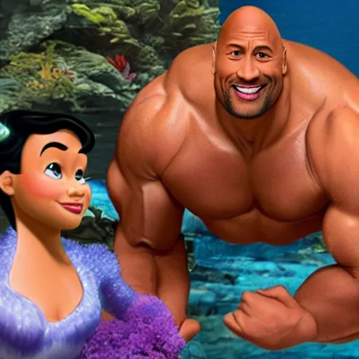 Prompt: dwayne johnson as a cartoon in the little mermaid